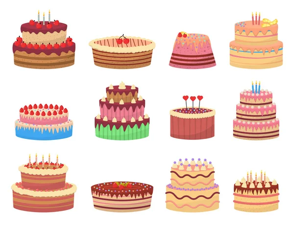 Set desserts savoureux, gâteaux d'anniversaire avec des bougies. — Image vectorielle