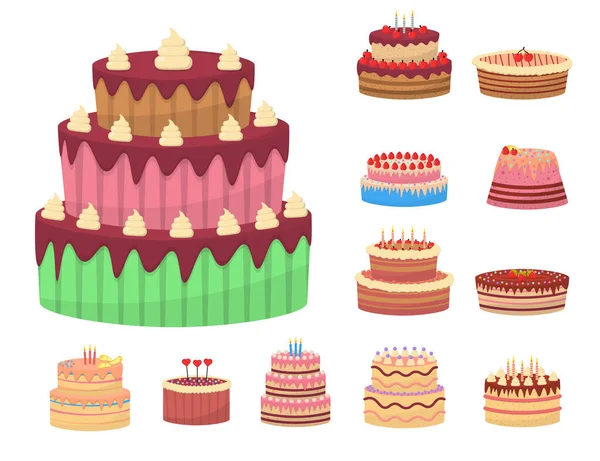 Set sabrosos postres, pasteles de cumpleaños con velas. — Vector de stock