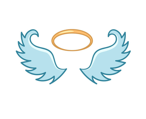 Flying angel wings flat with golden halo.