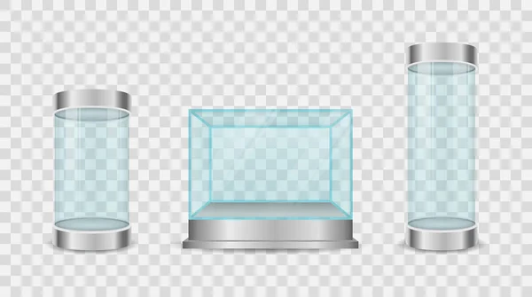 Cilindro de caixa de vidro, cubo de cristal para vitrines. —  Vetores de Stock