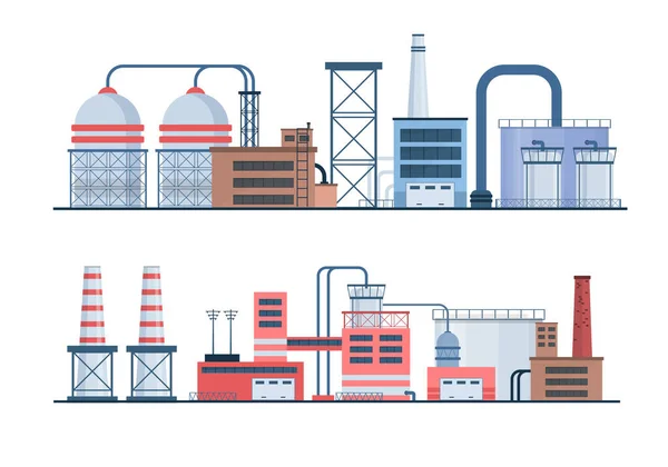 Set of factory industry buildings, flat icons. — Stock Vector