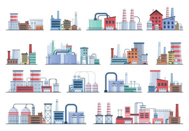 Fabrika endüstrisi binaları, düz simgeler..