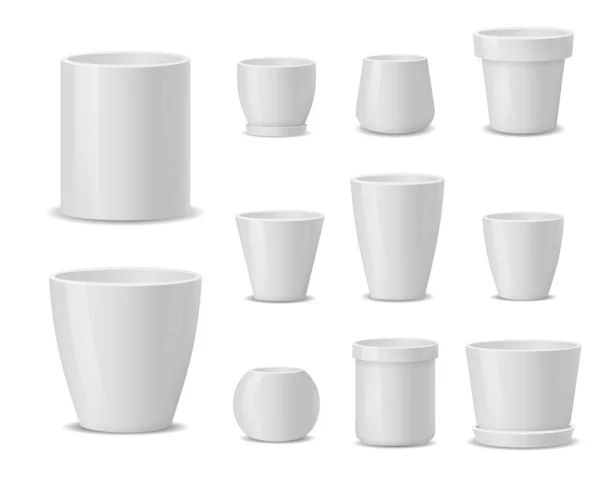 Conjunto de vasos de flores de cerâmica branca realista. — Vetor de Stock