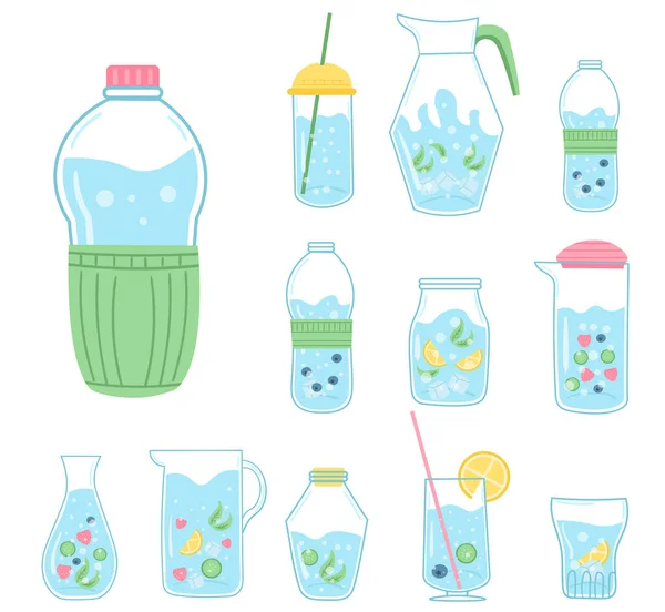 Boire plus d'eau, boire avec une bouteille en verre — Image vectorielle
