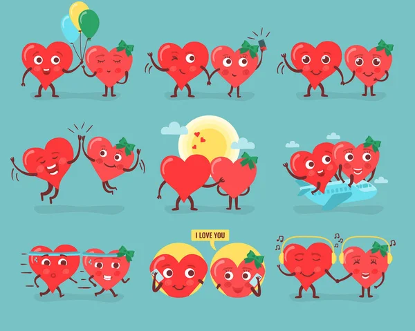 Corazones personajes de dibujos animados rojos, símbolo Emoción de amor — Vector de stock
