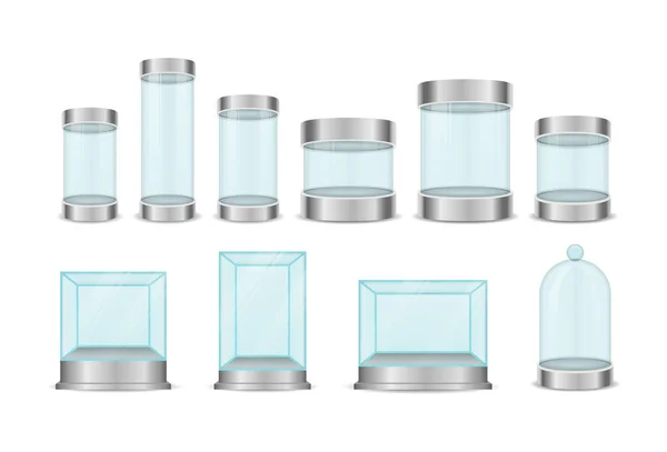 Glazen dooscilinder, kristallen kubus voor vitrines. — Stockvector