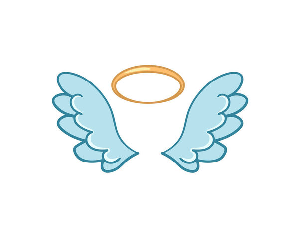Flying angel wings flat with golden halo.