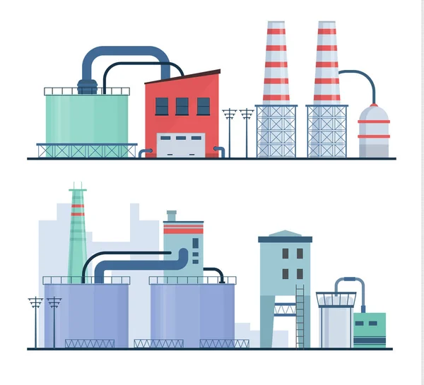 Set of factory industry buildings, flat icons. — Stock Vector