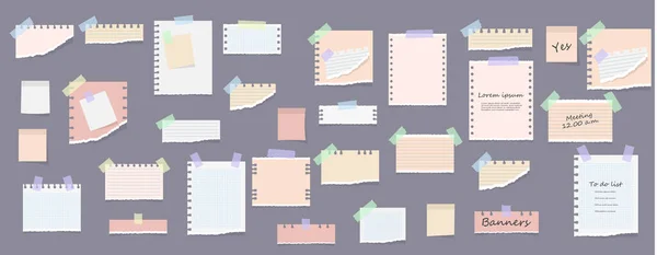 Notas adhesivas, mensajes de memorándum, hojas de papel rasgadas. — Archivo Imágenes Vectoriales