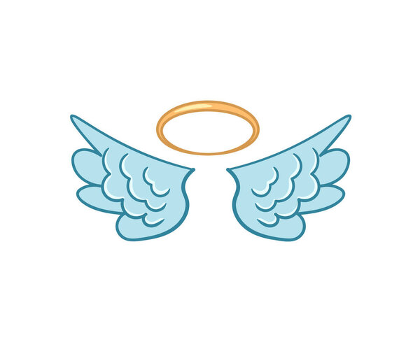 Flying angel wings flat with golden halo.