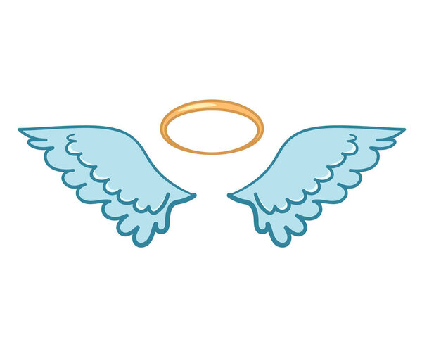 Flying angel wings flat with golden halo.