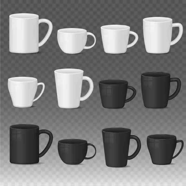 Realista blanco en blanco, taza de café negro tazas. — Vector de stock