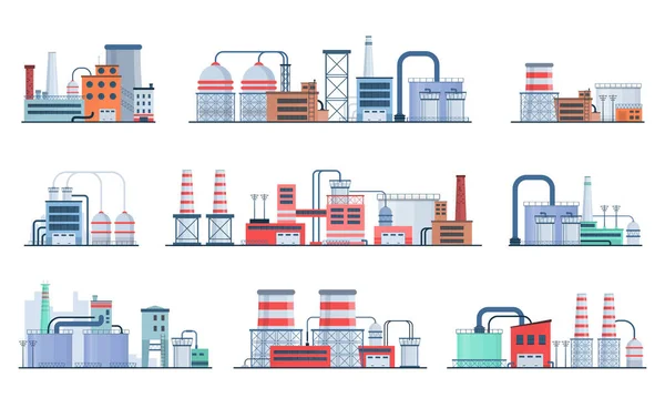 Conjunto de edificios industriales de fábrica, iconos planos. — Vector de stock
