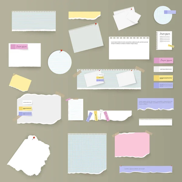 Uppsättning rivna pappersremsor, anteckningar och anteckningsblock — Stockfoto