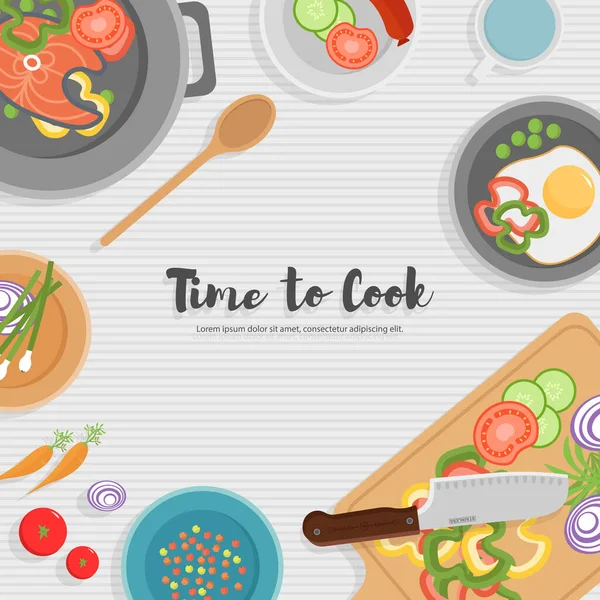 Egészséges ételeket főzök. Top kilátás a konyhai edények, aprítódeszka késsel, edények, tányérok és különböző élelmiszerek. — Stock Fotó