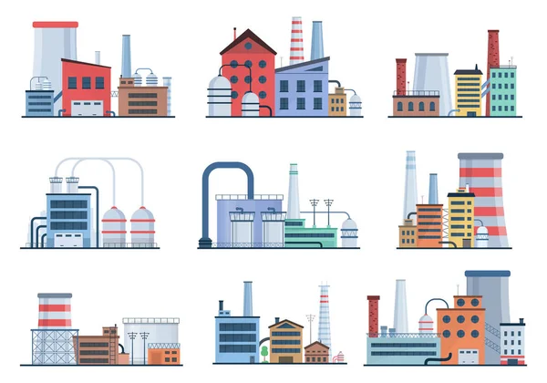 Conjunto de edificios industriales de fábrica, iconos planos. — Vector de stock