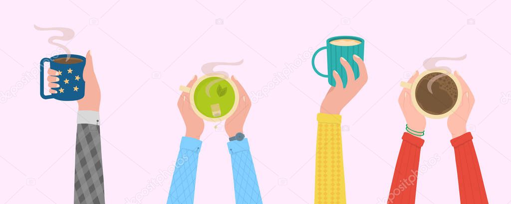Hands holding hot drink in cup, mug.