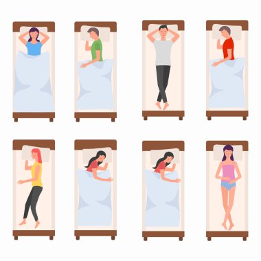İnsanlar yatakta uyuyan karakterler, kadın, erkek uyur