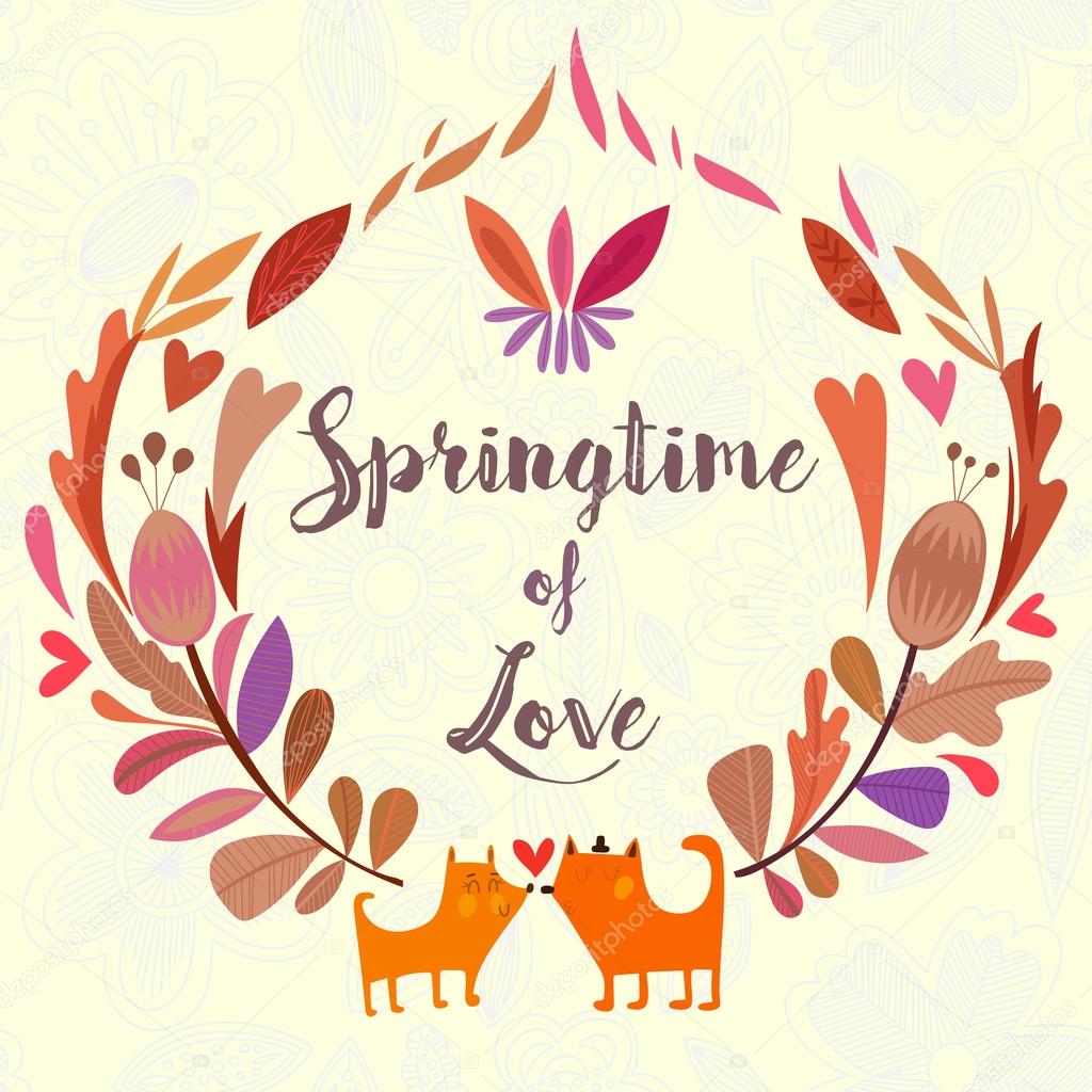 Springtime of love hand drawn foxes