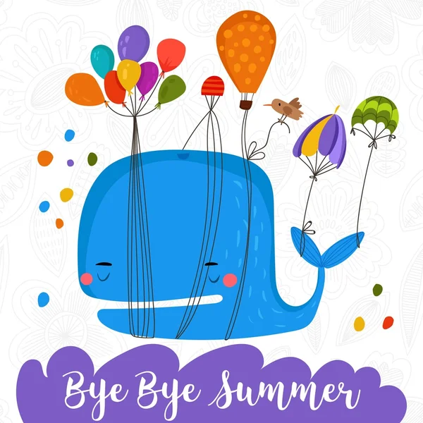 Bye Bye Summer-Awesome balina kartı. Sevimli mutlu balina. Güzel childi — Stok fotoğraf