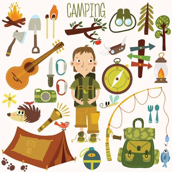 Equipo de camping con Camping boy — Vector de stock