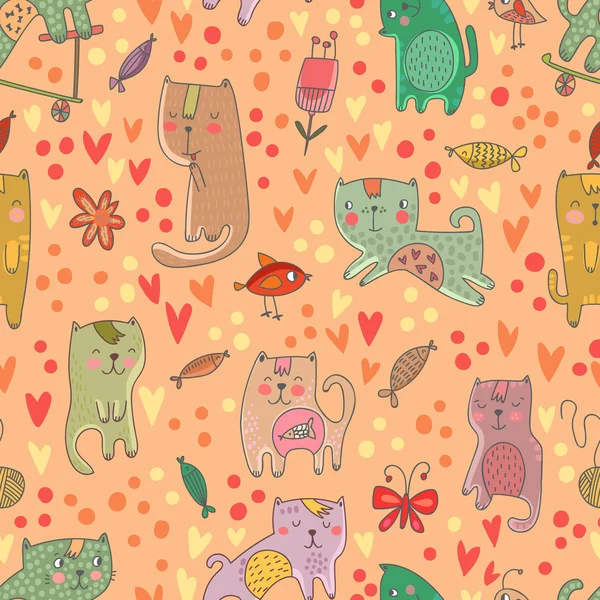 Seamless pattern with cats and fish — Stock Vector