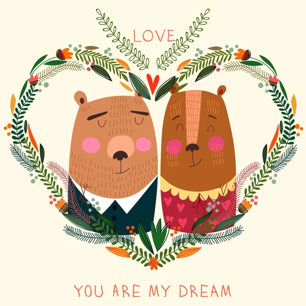Romantis kartu dengan beruang - Stok Vektor