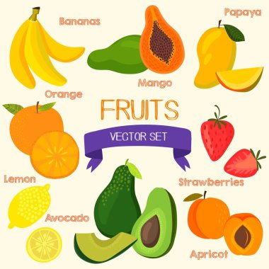 Bright fruits set in vector.Banana, mango, papaya, orange, lemon