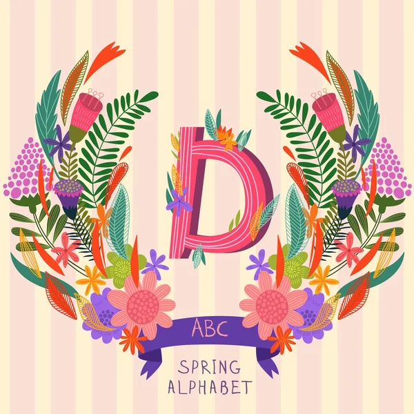 The letter D. Floral hand drawn monogram made of flowers and lea — 스톡 벡터