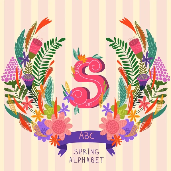 La lettre S. Monogramme dessiné à la main floral en fleurs et en lea — Image vectorielle