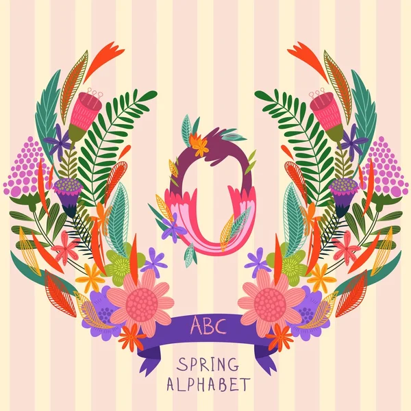 The letter O. Floral hand drawn monogram made of flowers and lea — Stock Vector