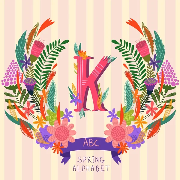 La lettre K. Monogramme floral dessiné à la main en fleurs et en lea — Image vectorielle