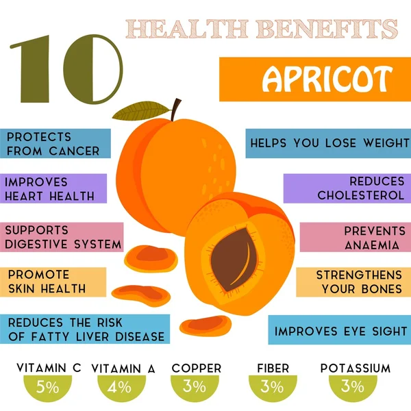 10 Informazioni benefici per la salute di albicocca. Infografica nutrienti — Vettoriale Stock