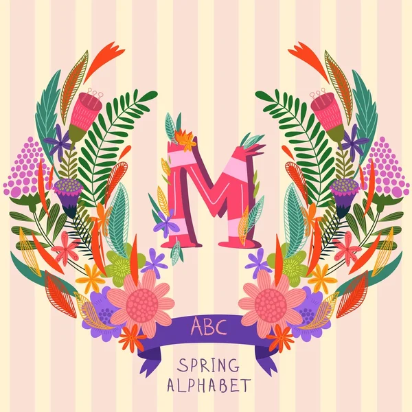 The letter M. Floral hand drawn monogram made of flowers and lea — 图库矢量图片