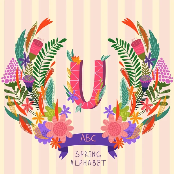 The letter U. Floral hand drawn monogram made of flowers and lea — Stock vektor