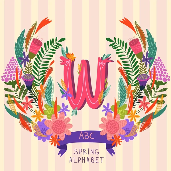 The letter W. Floral hand drawn monogram made of flowers and lea — Stock Vector