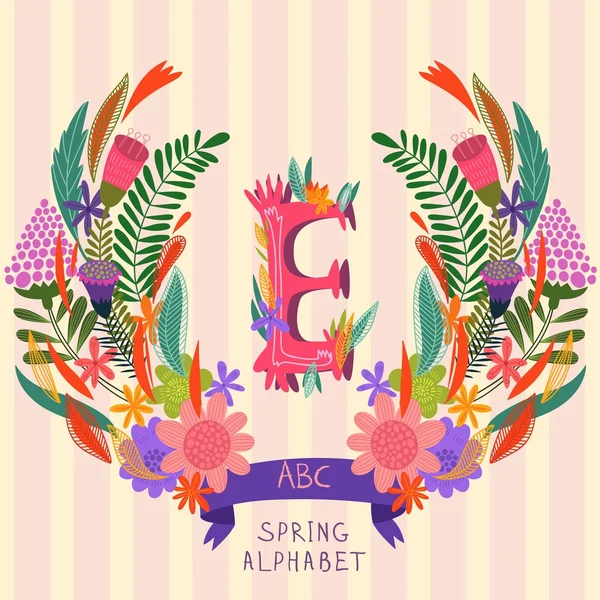 La lettre E. Monogramme floral dessiné à la main en fleurs et en lea — Image vectorielle