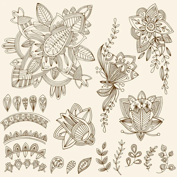 Mehndi Tattoo Doodles Set 2- Astratto disegno illustrazione floreale — Vettoriale Stock