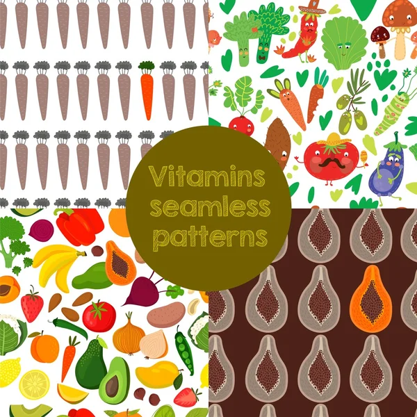 4 Bright  Vitamins seamless patterns. Vector set of vitamin rich — Διανυσματικό Αρχείο