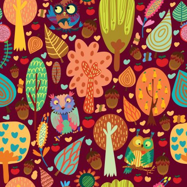 Cartoon trees and owls