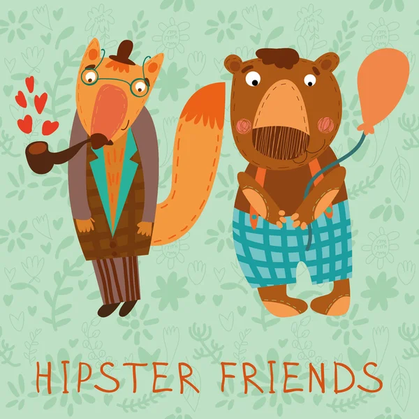 Cartão retrô com animais amigos hipster . —  Vetores de Stock