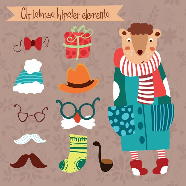 Hipster bear set with hipster and christmas ele — Stock Vector