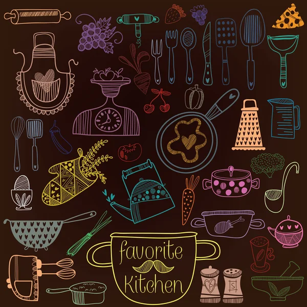 Красочный набор кухонных принадлежностей . — стоковый вектор
