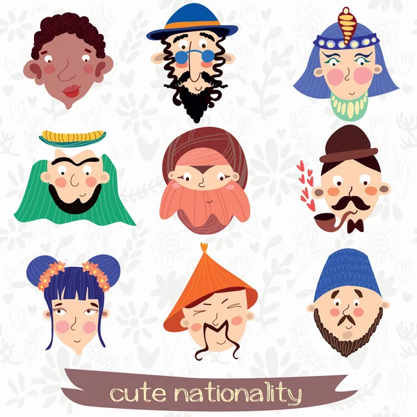Типичные лица девяти национальностей — стоковый вектор
