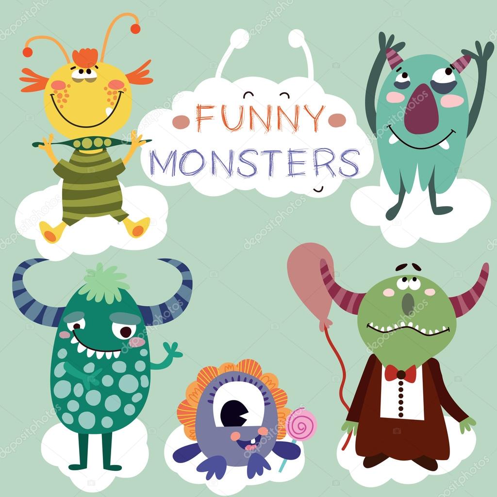 set with cartoon cute monsters