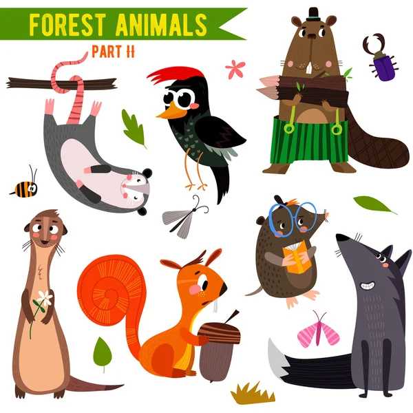 Schattig bos en bos dieren — Stockvector