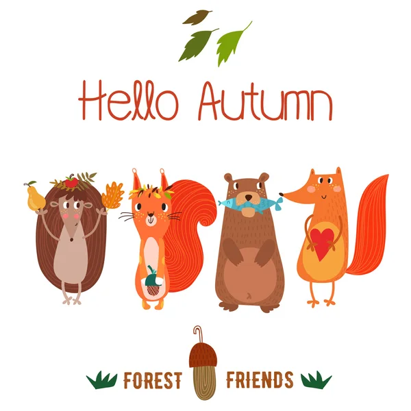 Carte d'automne avec des animaux mignons — Image vectorielle