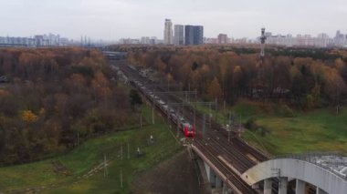 Kırmızı yolcu treni, altın sonbaharda nehrin üzerindeki köprüden geçer. hava görünümü