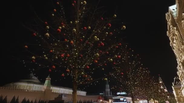 Ljusa nyår dekorationer på ett träd mot bakgrund av Moskva Kreml på natten. avlägsnas från händerna. 2020 — Stockvideo