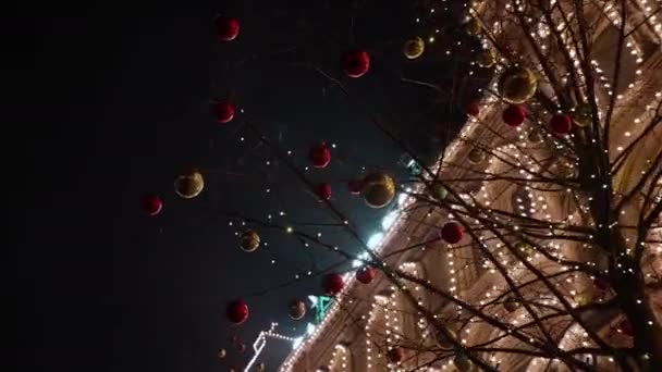 Stadsvakantie landschap in de schemering. De gevel van het gebouw met prachtige architectuur versierd met de stralende slinger van Kerstmis. poppencamera geschoten — Stockvideo